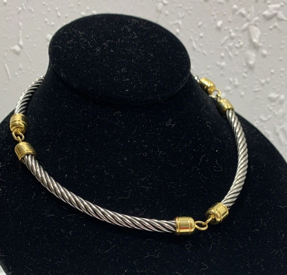 Vintage Twisted Cable Choker Collar Necklace Gold Silver Tone 16” Snap Clasp